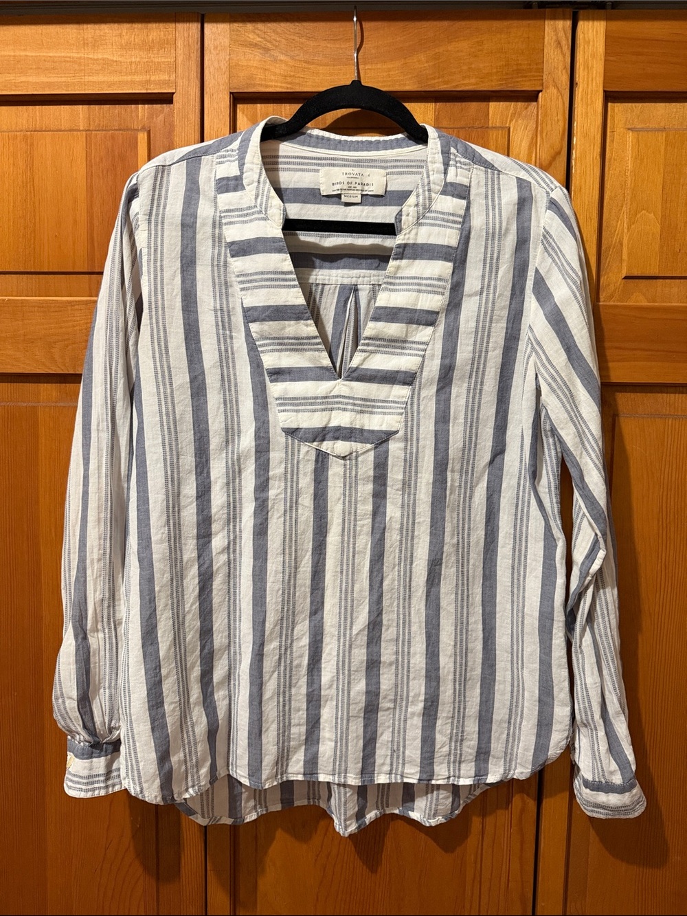 Trovata Birds of Paradise Blue White Striped Cotton Long Sleeve Top